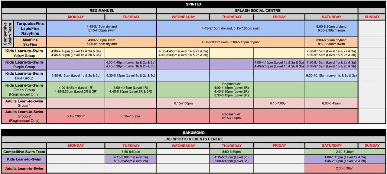 BlueFins Swimming Schedule